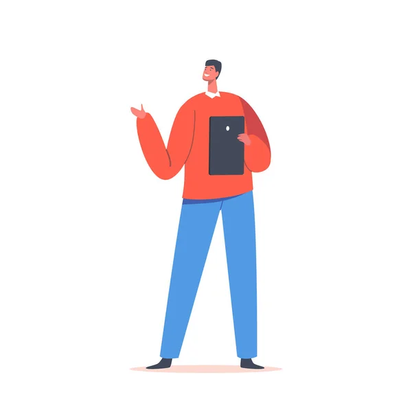 Homme adulte beau travailleur de bureau ou personnage d'affaires portant des costumes formels tenant Tablet Pc dans les mains isolées — Image vectorielle
