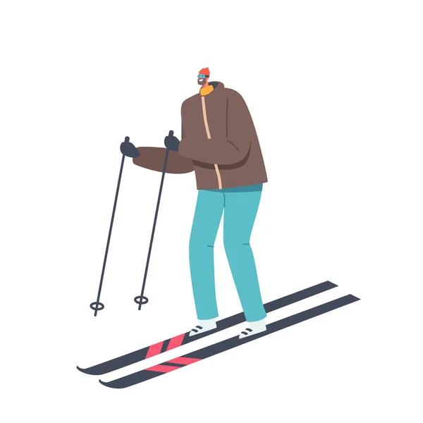 Actividad deportiva, estilo de vida. Hombre atleta en ropa abrigada, casco y gafas de sol Esquí aislado sobre fondo blanco — Archivo Imágenes Vectoriales