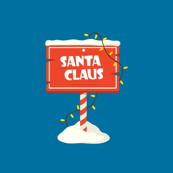 Panneau d'affichage de Noël du Père Noël, Panneau en bois isolé sur fond bleu, Panneau avec neige et guirlandes, Bannière — Image vectorielle
