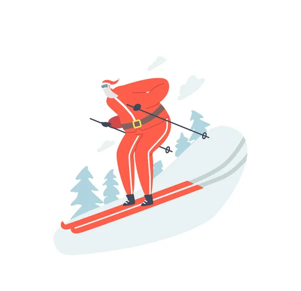 Santa Skier Riding Downhills κατά τη χειμερινή περίοδο. Χριστουγεννιάτικος χαρακτήρας αθλητής στο κόκκινο Tracksuit, καπέλο και γυαλιά ηλίου σκι — Διανυσματικό Αρχείο