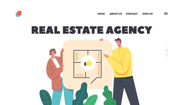 Templat: Real Estate Agency Landing Page Template Happy Family Choose Layout of Apartment. Pria dan Wanita Berdiri di Rencana Lantai - Stok Vektor