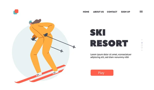 Πρότυπο σελίδας Ski Resort Landing. Νεαρή γυναίκα χαρακτήρας χειμερινά αθλήματα. Κορίτσι φορούν ζεστή αθλητική ενδυμασία και γυαλιά — Διανυσματικό Αρχείο