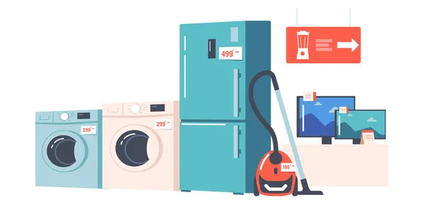 전자 점포 내무부 Home with Household Appliances Refrigerator, Vacuum Cure, Washing Machine, Tv Set — 스톡 벡터
