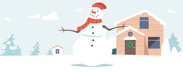 有趣的雪人穿着针织帽和围巾站在冬季雪景前小屋庭院。耶诞场景 — 图库矢量图片