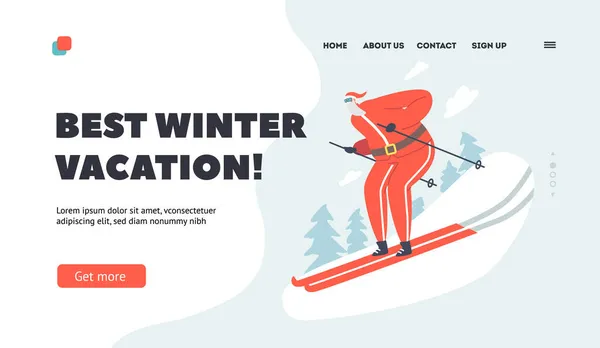 Melhor modelo de página de desembarque de férias de inverno. Santa Skier Riding Downhills. Personagem de Natal em Red Tracksuit Esqui — Vetor de Stock