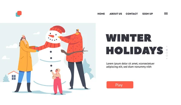 2008 년 7 월 9 일에 확인 함 . Happy Parents With Children Making Snowman on Winter Holidays Landing Template. 아버지, 어머니 및 아기의 활동 — 스톡 벡터