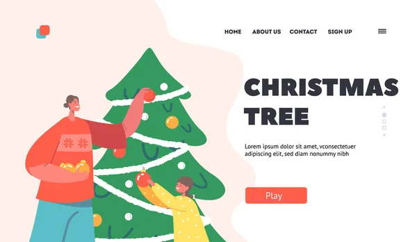Weihnachtsbaum Landing Page Template. Happy Family Dekoration Raum für Weihnachten. Mutter und Kind legen Spielzeug auf Tanne — Stockvektor