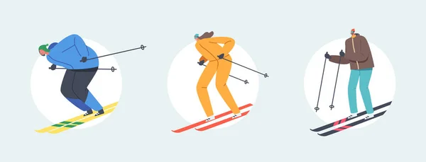ファミリーエクストリームスピードスキーを設定します。白い背景に隔離されたスキーヤー。冬のシーズンレクリエーション,スポーツ活動,スラローム — ストックベクタ