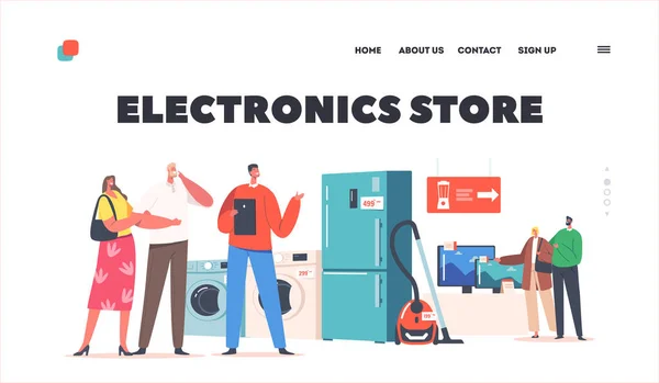 Elektronik Mağaza İniş Sayfası Şablonu. Aile Malzemeleri Satın Alma, Çiftler Danışmanla Alet Satın Alma — Stok Vektör