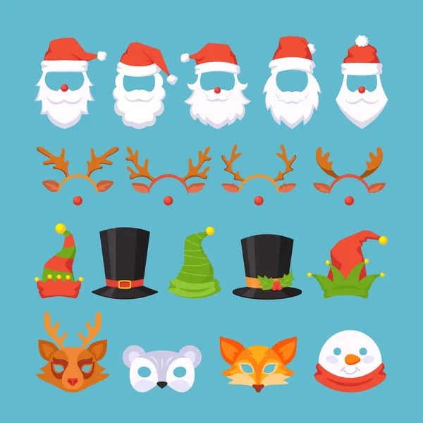 Set of Photo Booth Natal Máscaras Papai Noel, renas, boneco de neve, Fox e Elves Chapéus. Decoração de máscaras para festa —  Vetores de Stock