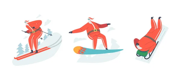 Ensemble Père Noël Mode de vie sain, Loisirs extrêmes, Noël Caractère Sport d'hiver Snowboard, Ski, Coulissante — Image vectorielle