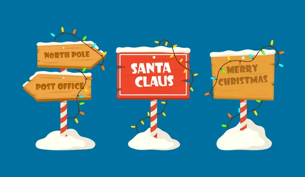 Set Mignon Collection Panneaux du pôle Nord et panneaux de rue en bois de Noël dans la neige, Pointeurs d'hiver avec guirlandes, Neige — Image vectorielle