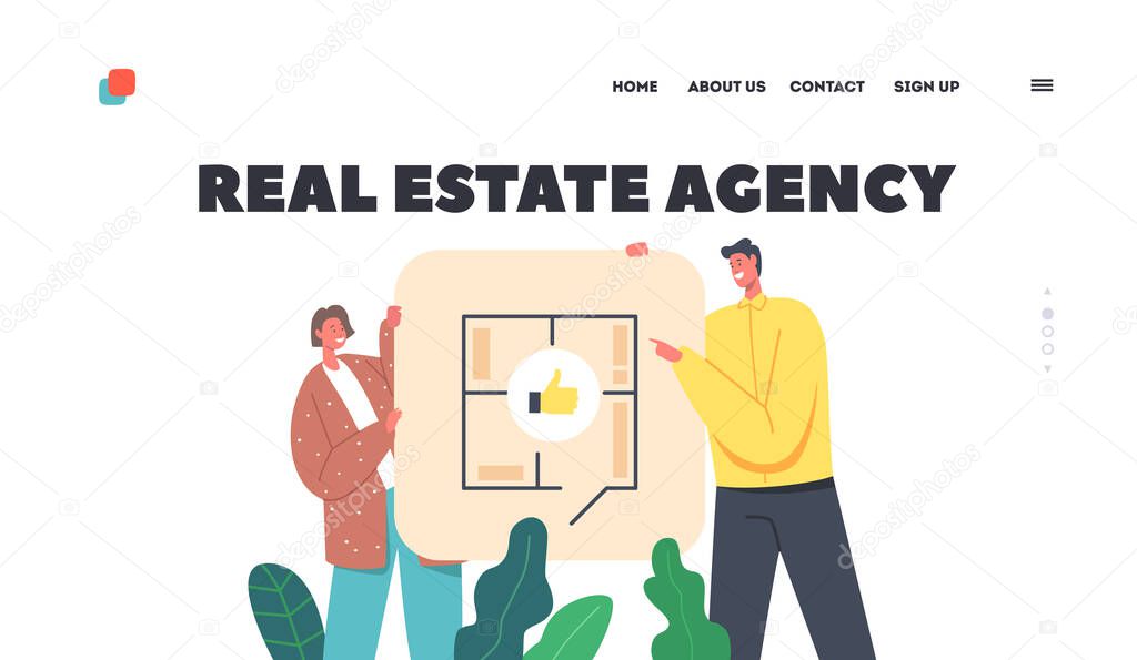 Real Estate Agency Landing Page Template. Happy Family Choose Layout of Apartment. Man and Woman Stand at Floor Plan