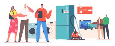 Family Buy Household Gıda Konsepti. Evli Çiftler Karakterleri Elektronik Mağazasında Danışmanla Alet Satın Alma