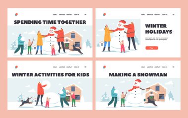 İnsanlar Noel tatillerinde oynuyorlar. İniş Şablonu Ayarlandı. Komik Kardan Adam Yapan Çocuklu Mutlu Aileler