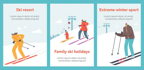 Ludzie Jazda na nartach przez Snow na Winter Resort z Funicular plakat kreskówki. Rozrywka turystyczna, Wakacje zimowe — Wektor stockowy
