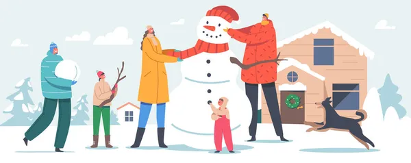 2017 년 12 월 9 일에 확인 함 . Happy Family Parents with Kids Making Funny Snowman - Snowy Landscape Background at Coage Yard, Winter Holidays — 스톡 벡터