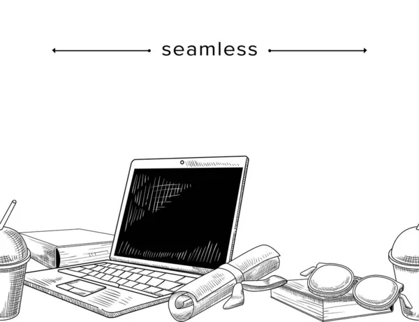 シームレスなパターン職場デスク,コーヒーカップ付きワークスペース,ドキュメント,ノートパソコン,ガラスと文房具,職場 — ストックベクタ