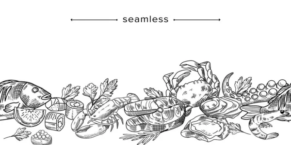 Nahtloses Muster mit Doodle Seafood Composition, handgezeichnetem Fisch, Zitronenscheibe, Hummer, Garnelen und Krabben. Grenze — Stockvektor
