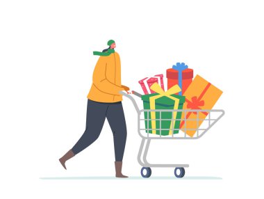 Mutlu Kadın Alışveriş Arabası Hediye Kutuları ve Beyaz Arkaplanda İzole Edilmiş Şenlikli Fiyonklarla Paketlenmiş
