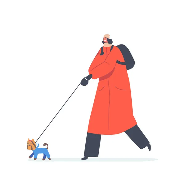 Mujer joven paseando con perro juguetón en clima frío, personaje femenino paseo con mascota aislado sobre fondo blanco — Vector de stock