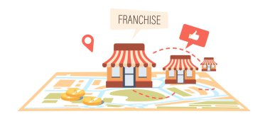 Franchise, Büyüyen Sme İş Modeli Konsepti. Büyüme Markası Zinciri Mağazası, Haritadaki Dükkan Binalarıyla Bayilik Verme Sistemi