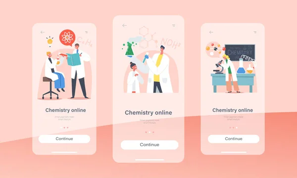Chemistry Online Mobile App Page Modèle d'écran embarqué. Des écoliers font des expériences en classe. Chercheurs sur la leçon — Image vectorielle