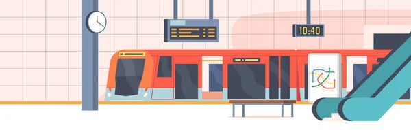 Interno della stazione della metropolitana con treno e ascensore, Piattaforma della metropolitana vuota con mappa, Orologio e panchina, Progettazione metropolitana — Vettoriale Stock