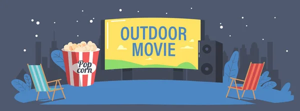 Cinema ao ar livre na paisagem de verão da noite, Teatro de filmes ao ar livre com cadeiras, Balde de milho pop, Dynamics front of Screen —  Vetores de Stock