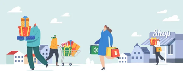 Happy People Christmas Rush, Characters Carry Gifts in Hands and Shopping Cart Buying Presents on Fair, Walking Hurry Up — 스톡 벡터