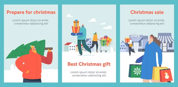 Happy People Rush to Christmas Sale Carteles de dibujos animados. Hombres y mujeres compran regalos y árboles, empujan el carro de la compra — Vector de stock