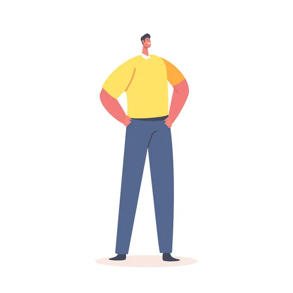 Egyedülálló férfi karakter visel sárga póló és kék nadrág elszigetelt fehér háttér. Pozitív Divatos Férfi — Stock Vector