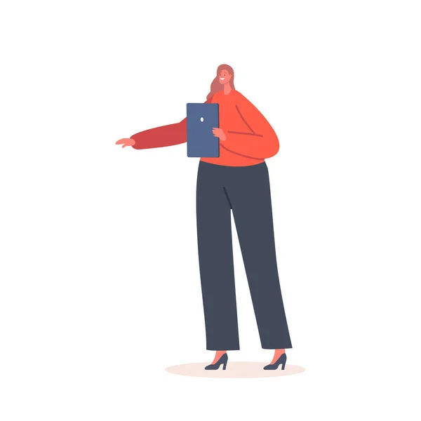 Boa aparência adulta mulher trabalhador de escritório ou de negócios personagem feminina vestindo terno formal segurando Tablet Pc em mãos — Vetor de Stock