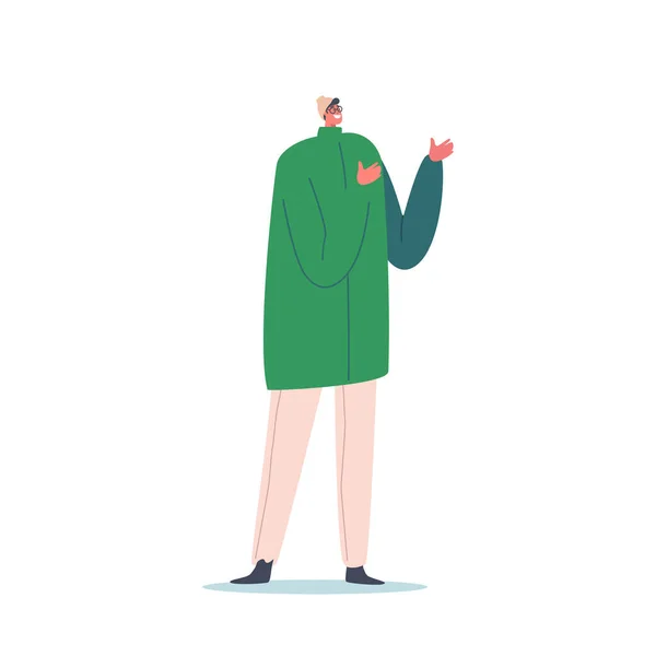 Erkek Karakter Şehri Hippi Kış Giysileri 'nde kalıyor. Genç adam gözlüklü, modern yeşil ceketli, bej pantolonlu. — Stok Vektör