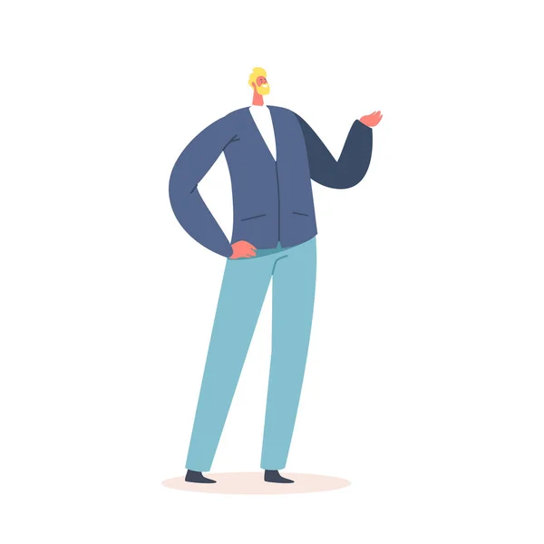 Single Man Karakter Draag Blauwe Blazer en Broeken Geïsoleerd op Witte Achtergrond. Volwassen positieve Fashioned Business Man — Stockvector