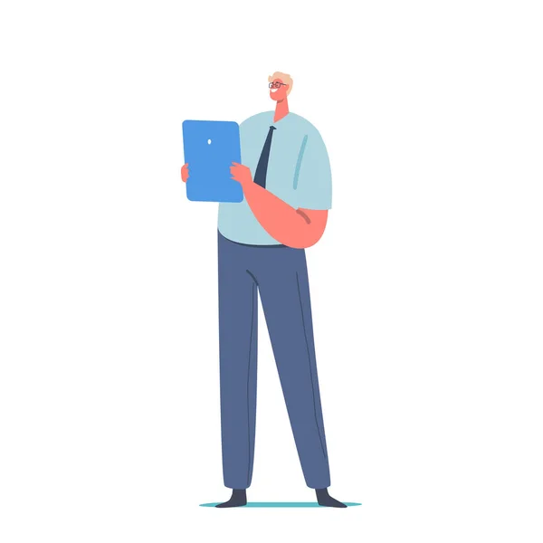 Персонаж офиса с гаджетом, красивый взрослый человек работник или бизнесмен в формальном костюме держать планшетный ПК в руках — стоковый вектор