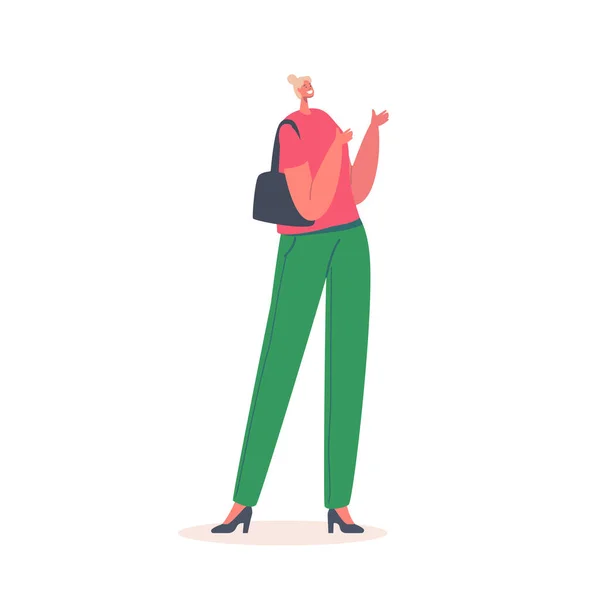 Elegante ragazza caucasica personaggio indossare camicetta rossa con maniche corte e pantaloni verdi stretti con borsa a mano. Abito alla moda — Vettoriale Stock