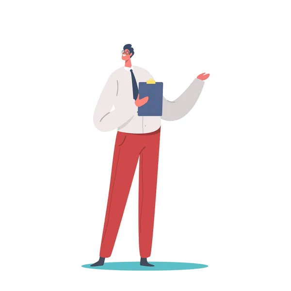 Homme adulte employé de bureau ou personnage d'affaires portant un costume formel tenant la tablette dans les mains, beau homme d'affaires — Image vectorielle