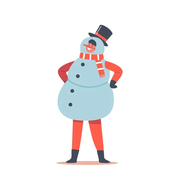 Niño en traje de muñeco de nieve, niño alegre en traje de Navidad, sombrero y bufanda. Niña o niño actuando en Matinee — Vector de stock