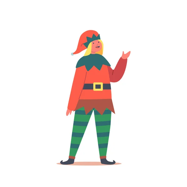 Kleines Kind im Elfen-Weihnachtskostüm, Mädchen tragen bunten grün-roten Anzug mit Mütze und gestreiften Hosen — Stockvektor