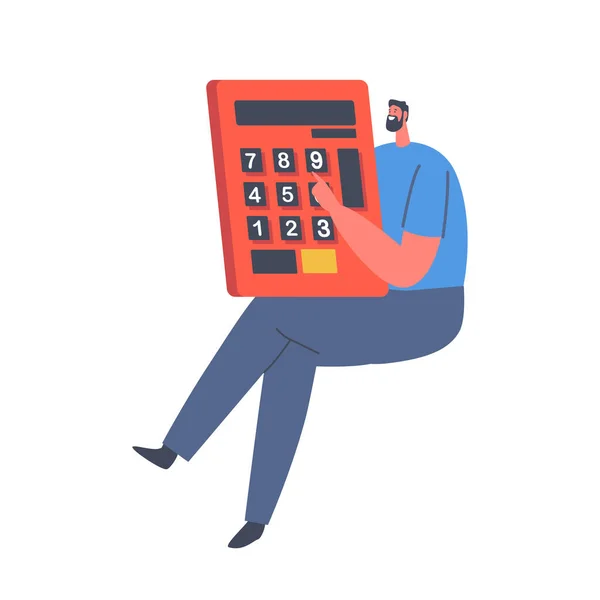 Personaje de negocios sosteniendo enorme calculadora en las manos aisladas sobre fondo blanco. Hombre trabajando, contando porcentajes — Archivo Imágenes Vectoriales