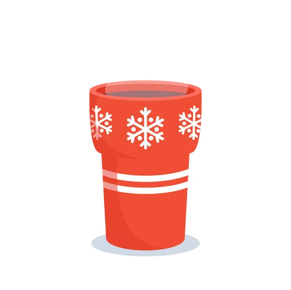 Ζεστό ποτό χειμώνα σε κόκκινο κύπελλο με νιφάδες χιονιού, τσάι, κακάο, σοκολάτα ή καφέ Ποτό. Χειμερινές διακοπές σεζόν θεραπεία — Διανυσματικό Αρχείο