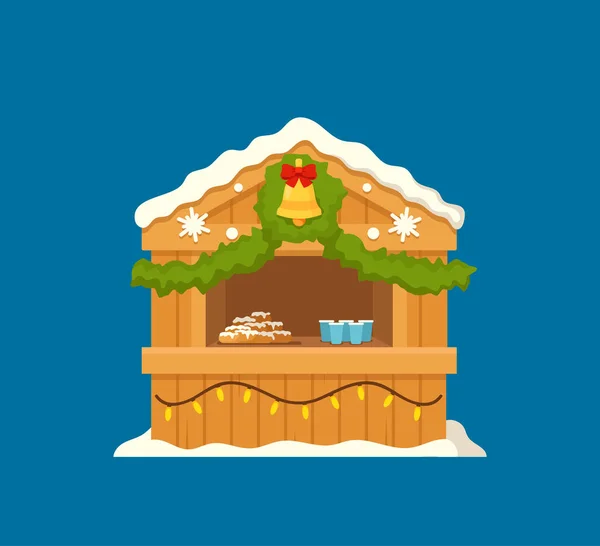 Winter Bake House ozdobiony girlandami, gałęziami drzew i dzwonem. Bożonarodzeniowe stoisko targowe ze słodkim jedzeniem i napojami — Wektor stockowy