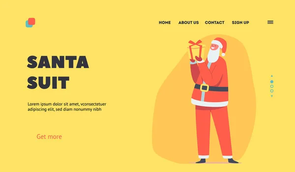 Kid Character Wear Santa Claus Suit Landing Page Template. Kind im Weihnachtskostüm mit Geschenkbox in Händen bei Matinee — Stockvektor