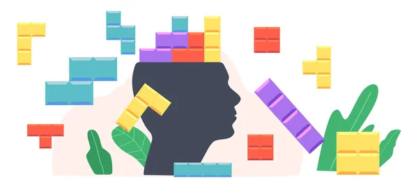 Psychologie Věda koncepce s barevnými puzzle kousky na obrovské lidské hlavě. Duševní zdraví a nemocná mysl léčba — Stockový vektor