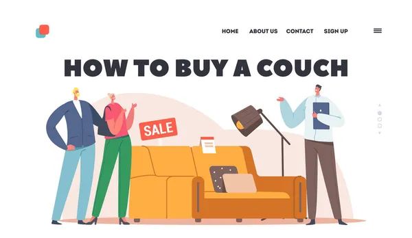 Como comprar um Couch Landing Page Template. Casal Escolha Sofá e Lâmpada na Loja de Móveis. Família Comprando Bens Domésticos — Vetor de Stock