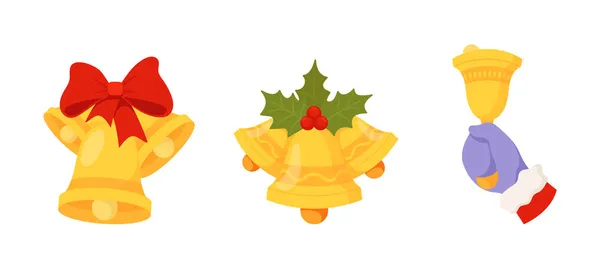 Sinos Natal Jingle com fita, Holly Berry Foliage, Santa Hand Ring the Bell. Xmas feriados Decoração, Elementos de design — Vetor de Stock