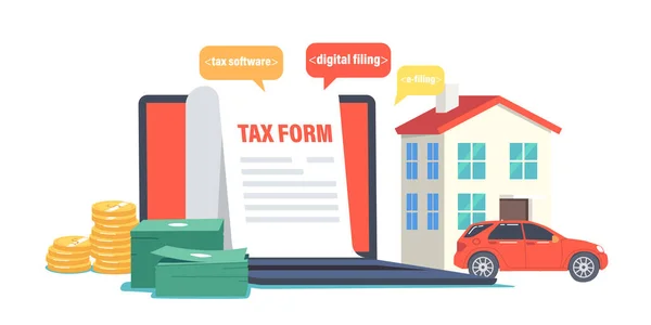 Online Tax Payment Concept. Application for Tax Form on Laptop Screen, Real Estate House, Car and Money, Taxation — Stock Vector