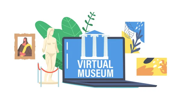 Musée virtuel, concept d'exposition interactive. Home Loisirs Internet Technologie, éducation virtuelle et divertissement — Image vectorielle