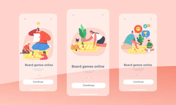Pano Oyunları Çevrimiçi Mobil Uygulama Sayfası Ekran Şablonu Mutlu Aile Paylaşım Zamanı, Çocuklar ve Ebeveynler Oyun Oynuyor — Stok Vektör
